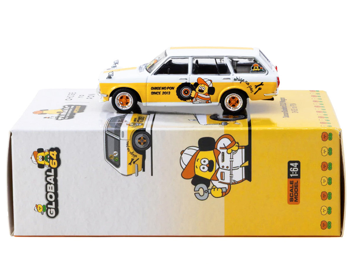 Datsun Bluebird 510 Wagon "Ohige no Pon" White with Orange Stripes and Graphics "Global64" Series 1/64 Diecast Model Car by Tarmac Works