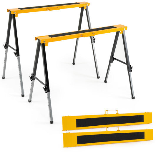 2 Pack Folding Saw Horses with 12 Adjustable Leg Heights and Handles-Yellow