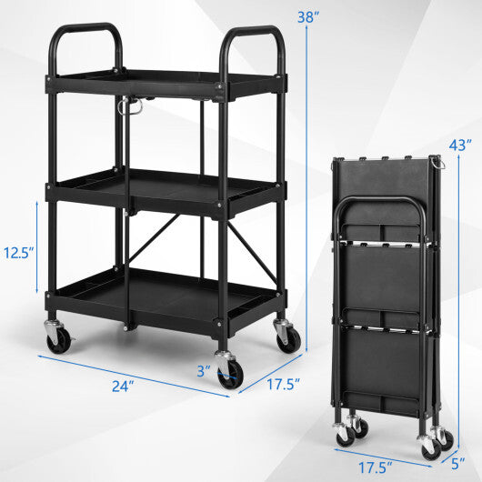 3-Tier Folding Trolley Cart with Universal Wheels Heavy Duty for Warehouse-Black
