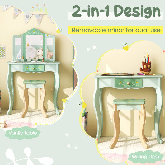 Kids Vanity Set with Tri-folding Mirror-White