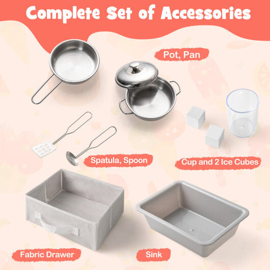 Wooden Kids Kitchen Playset with Chalkboard Ice Maker Sink Lighted Microwave-Pink