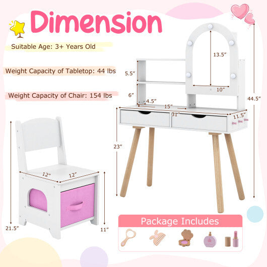 Kids Vanity Set Pretend Play Dressing Table Set with 3-Color Lighting Modes Adjustable Brightness and Mirror Cabinet-Pink