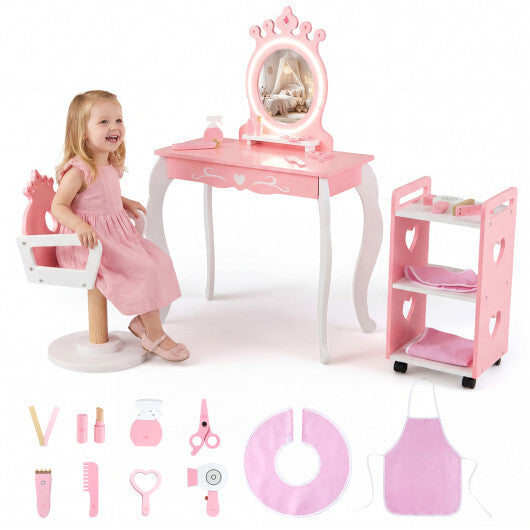 Kids Hair Salon Play Set with LED Lighted Mirror Wooden Pretend Hair Salon Station with Swivel Barber Chair-Pink