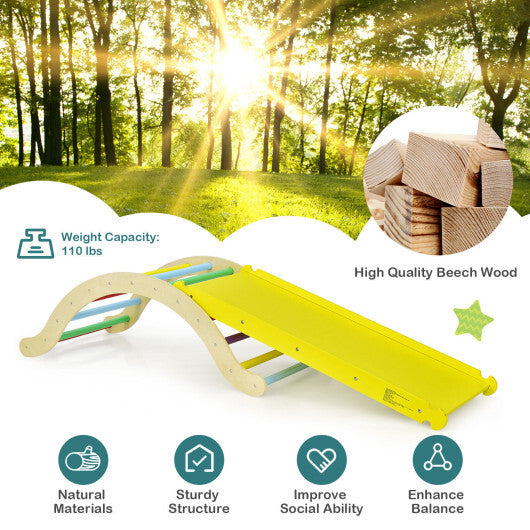 3-in-1 Kids Climber Set Wooden Arch Triangle Rocker with Ramp and Mat - Color: Yellow