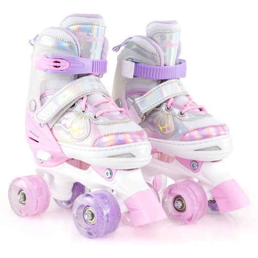 Kids Roller Skates 4 Sizes Adjustable Quad Skates with Light-up Wheels and Safety Protection-Rose Red