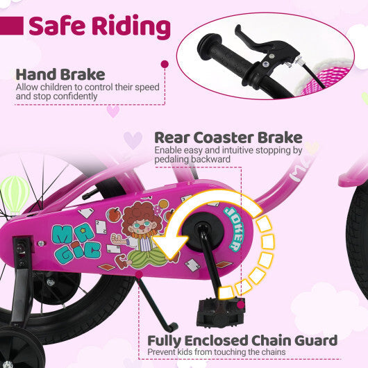 18 Inch Kids Bike with Training Wheels for Aged 3-8 Years Old - Magic Rose - Color: Rose Red - Size: 18 inches