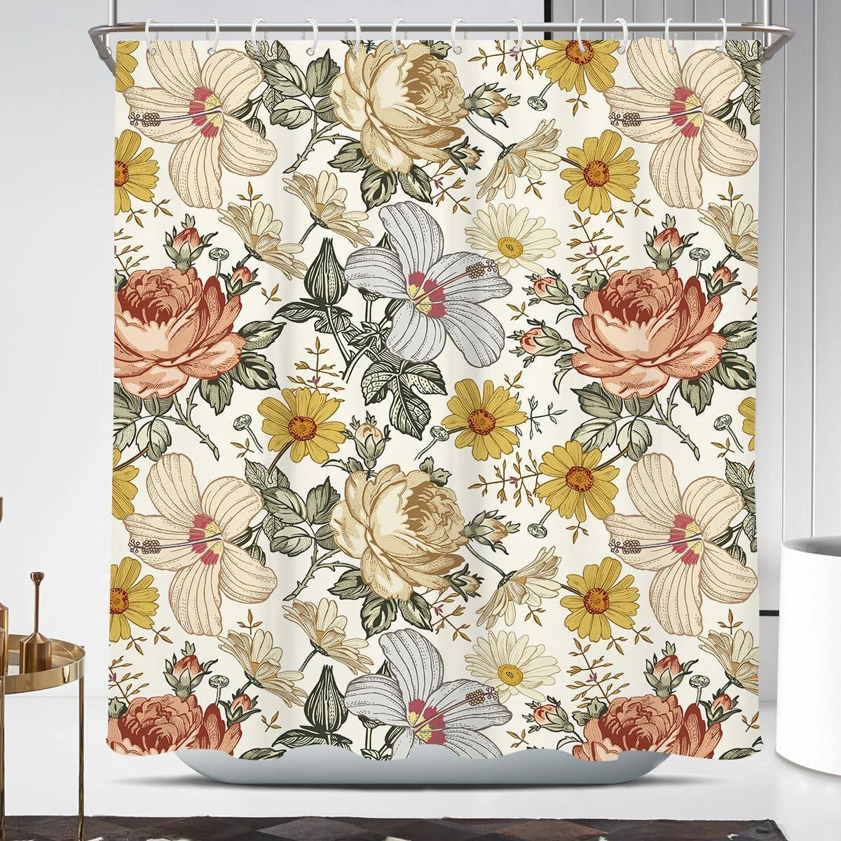 72"W x 72"H Vintage Floral Peony Yellow/Pink Polyester Shower Curtain