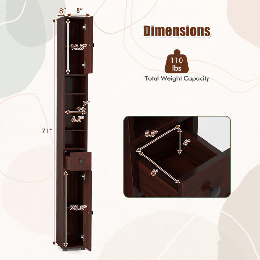 Costway Freestanding Slim Bathroom Cabinet with Drawer and Adjustable Shelves-Brown