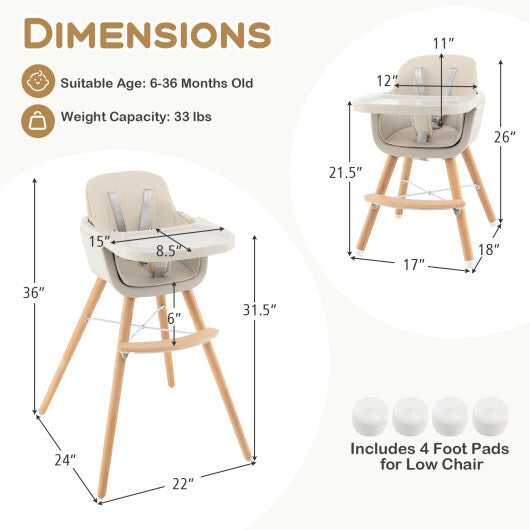 Babyjoy 3 in 1 Convertible Wooden High Chair Toddler Feeding Chair with Cushion Beige