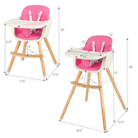 Babyjoy 3 in 1 Convertible Wooden High Chair Toddler Feeding Chair with Cushion Pink