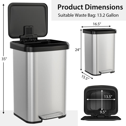 Costway 13.2 Gallon Step Trash Can with Soft Close Lid and Deodorizer Compartment Silver
