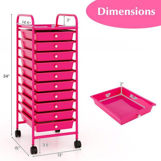 Costway 10 Drawer Rolling Storage Cart Organizer with 4 Universal Casters-Pink