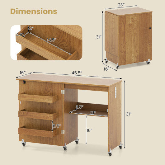 Costway Sewing Machine Table with Charging Station and Lockable Casters-Natural
