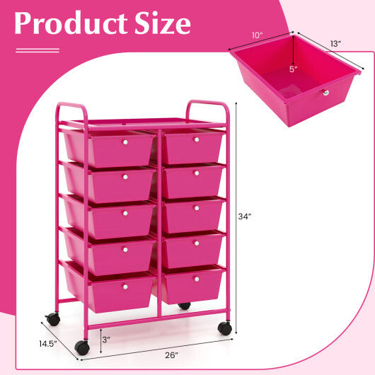 Costway 10-Drawer Rolling Storage Cart-Pink