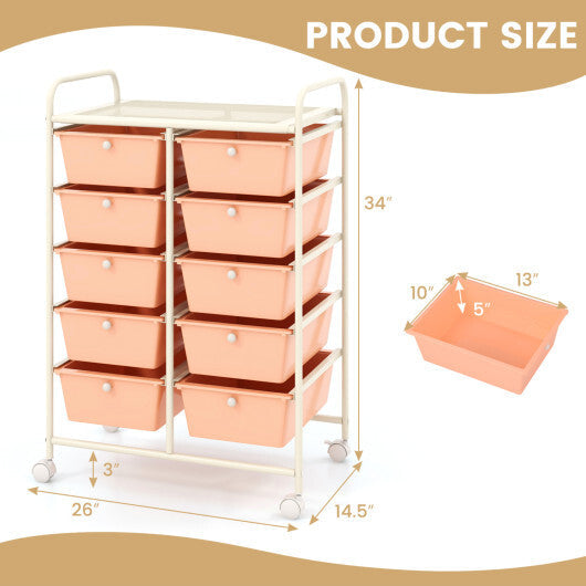 Costway 10-Drawer Rolling Storage Cart-Peach