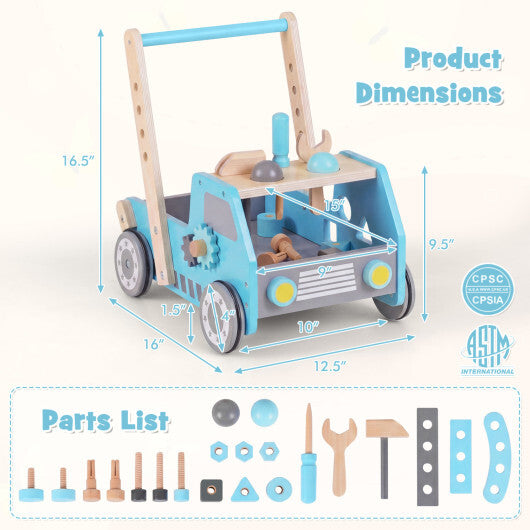 Costway 2-in-1 Wooden Baby Walker with Adjustable Speed and Bottom Storage-Blue