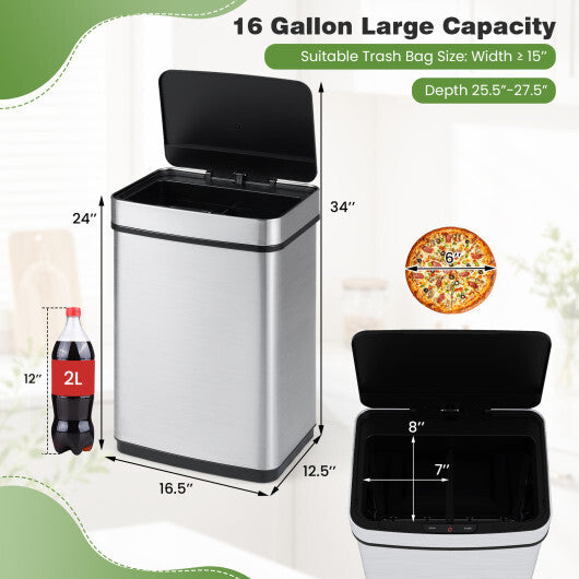 Costway 16 Gallon Trash Can Infrared Motion Sensor Garbage Can with Dual Compartments-Silver