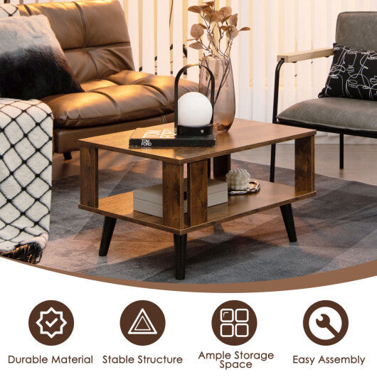 Costway Compact Retro Mid-Century Coffee Table with Storage Open Shelf-Rustic Brown