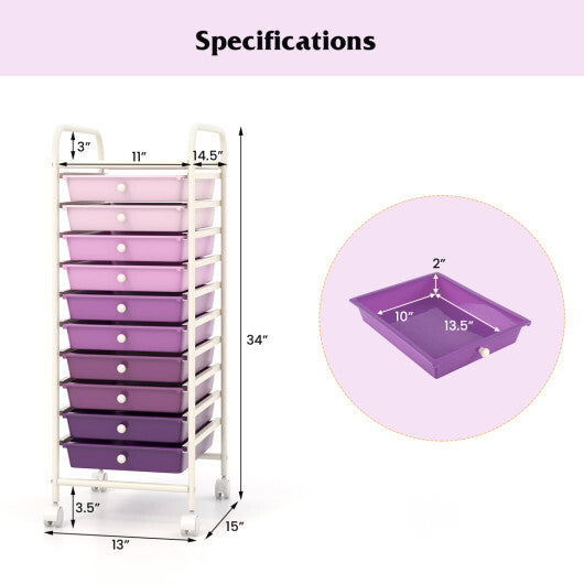 Costway 10 Drawer Rolling Storage Cart Organizer with 4 Universal Casters-Purple