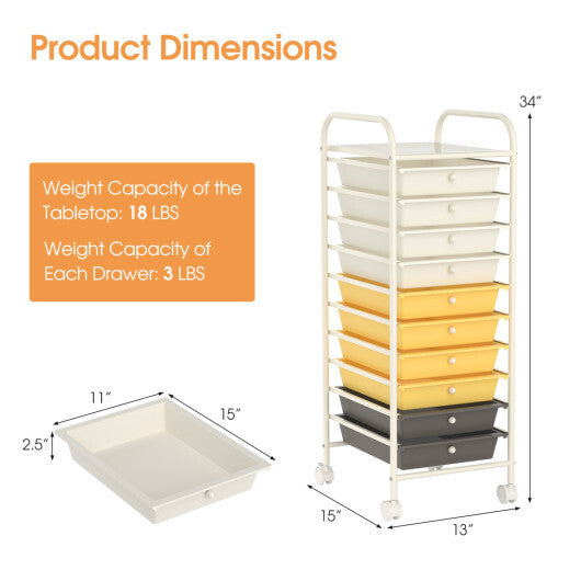 Costway 10 Drawer Rolling Storage Cart Organizer with 4 Universal Casters-Yellow