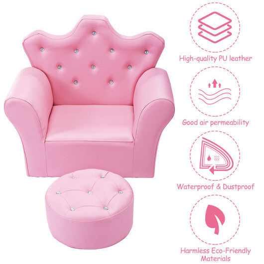 Costway Pink Kids Sofa Armrest Couch with Ottoman-Pink