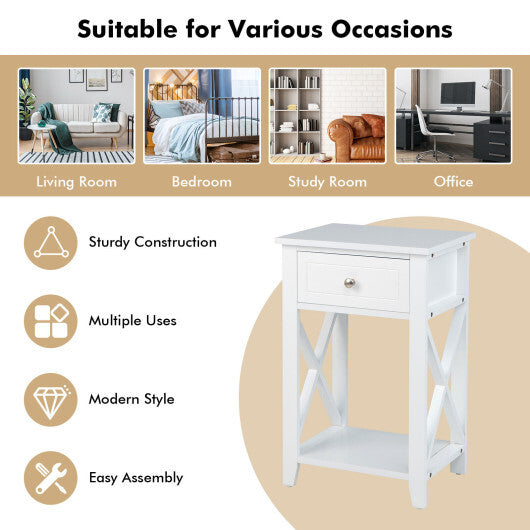 Costway Storage End Bedside Drawer Nightstand w/ Bottom Shelf-White