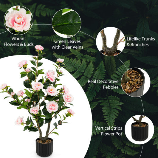 Costway 38 Inch Artificial Camellia Tree Faux Flower Plant in Cement Pot-Pink