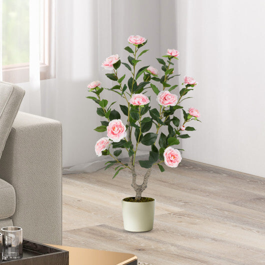 Costway 36 Inch Artificial Camellia Tree with Blooming Flower 2 Pack-Pink