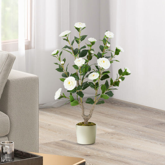 Costway 36 Inch Artificial Camellia Tree with Blooming Flower 1 Pack-White