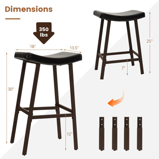 Costway Bar Stools Set of 2 with PU Leather Upholstered Saddle Seat and Footrest-Brown
