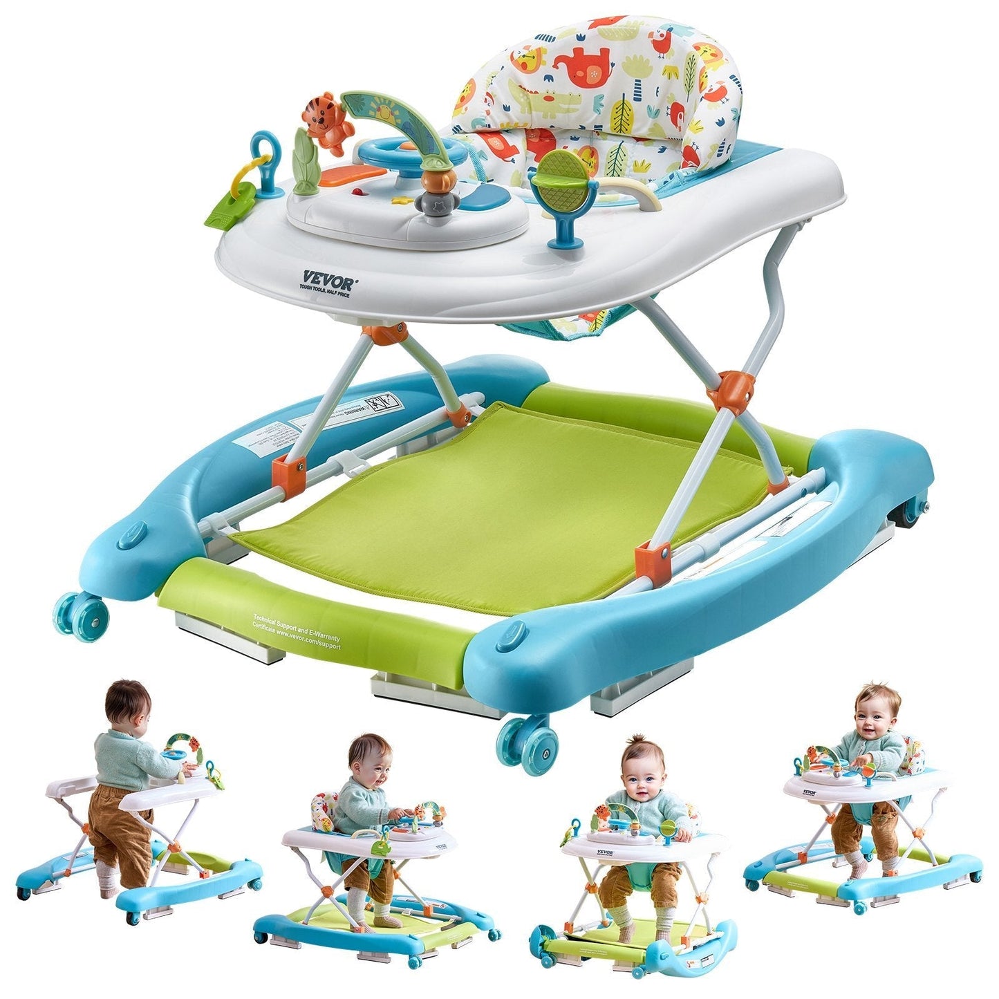 4-in-1 Baby Walker, Foldable Baby Activity Center on Wheels, 3 Adjustable Height, Music & Toys Tray, Learning-Seated | Walk-Behind | Rocker | Bouncer Toddler Walker for Girls Boys 6-24 Months