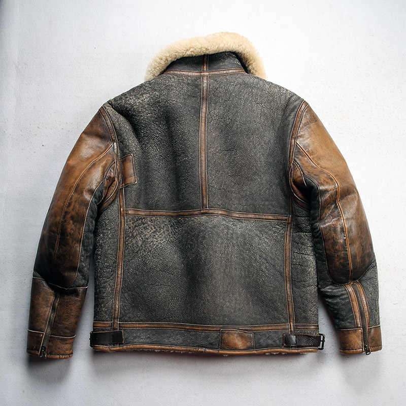 Men's Color Matching Sheepskin Leather Lapel Coat