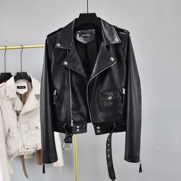 Cropped Hem Belt Snakeskin Leather Biker Jacket
