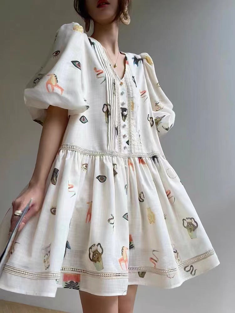 Women's Lace Retro Loose French Print Puff Sleeve Dress