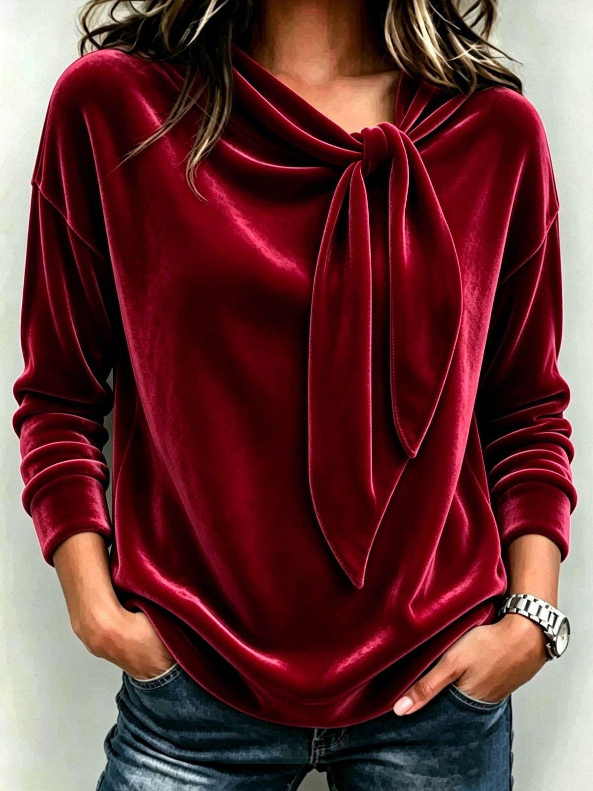 Womens Velvet Sweater With Bow-Knot