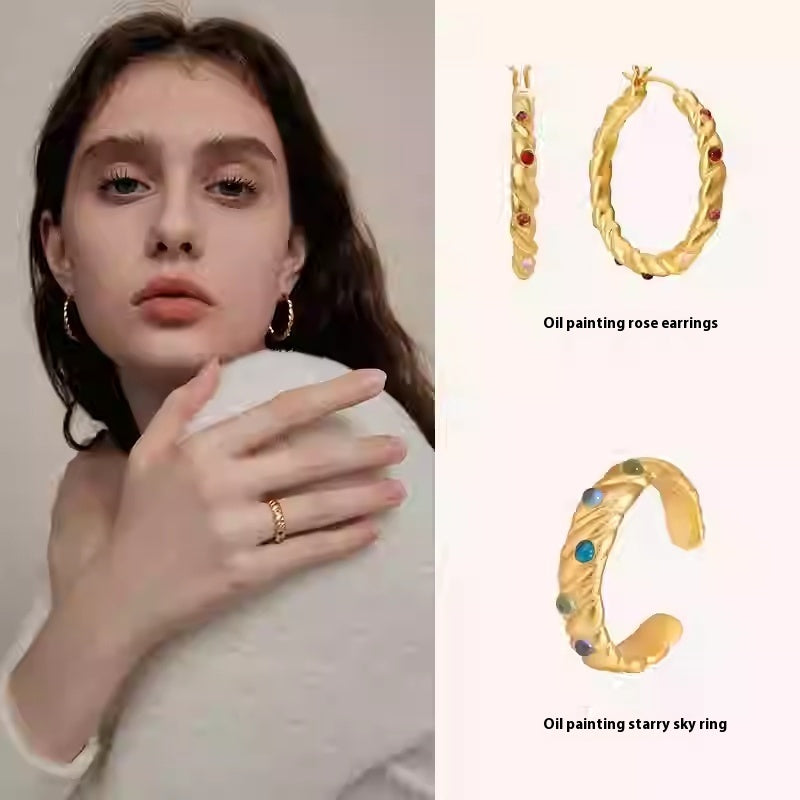 Vintage Era Oil Painting Starry Sky Ring Earrings