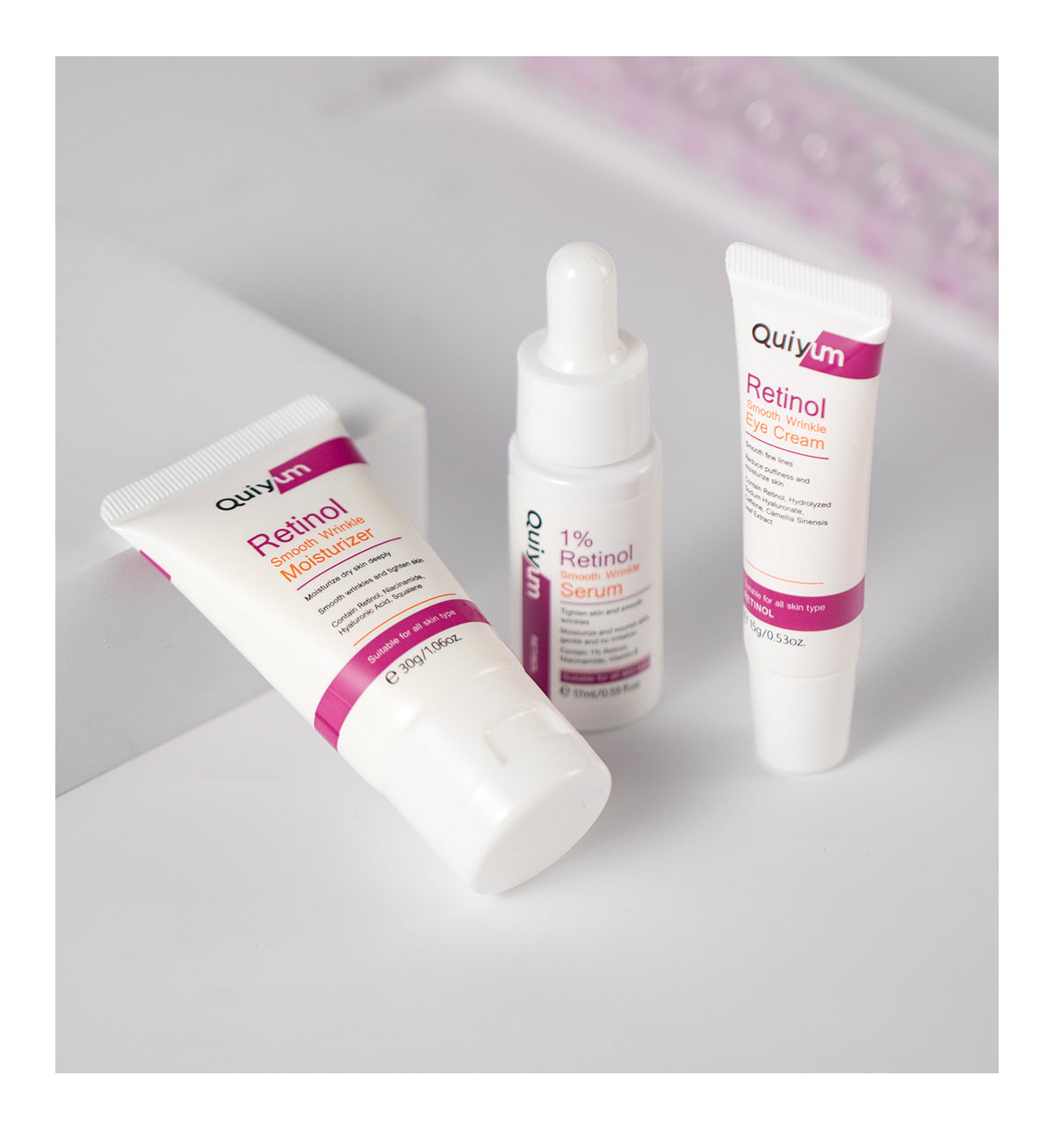 QUIYUM Retinol Smooth Wrinkle Skincare Set · For All Skin Types · Smooth Wrinkles & Fine Lines Improve Skin Elasticity & Radianc
