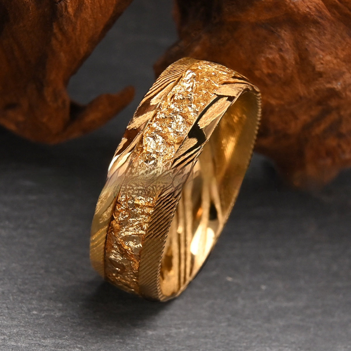 Middle Inlaid Gold Foil Damascus Steel Ring