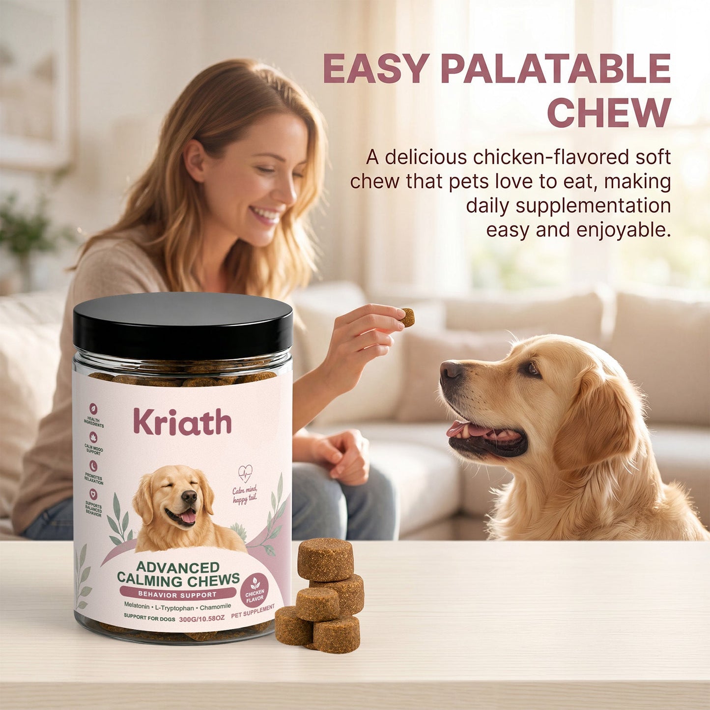 Kriath Dog Calming Chewable Tablets, Universal For Puppies And Adult Dogs, Daily Emotional Soothing And Nutritional Supplement Tablets For Pets