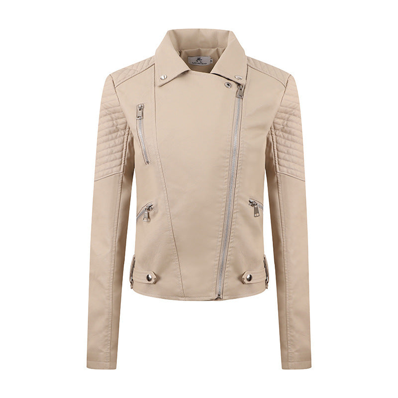 Women's Distressed PU Motorcycle Jacket - Slim Fit Biker Coat with Adjustable Belt (Black/Chocolate/Wine Red/Milky White, M-XXL)