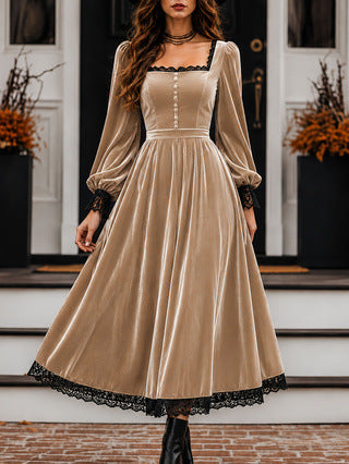 Square-neck Lace-panel Velvet Dress