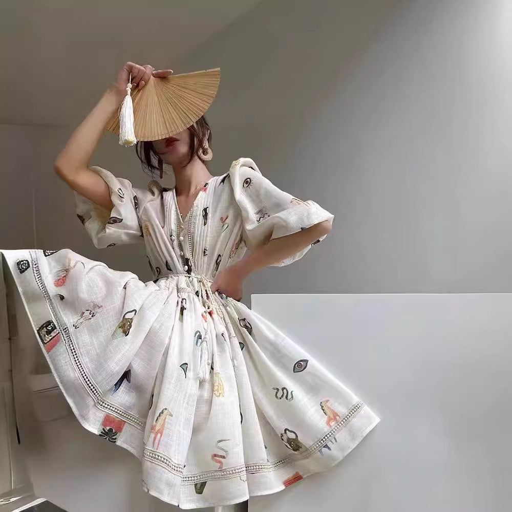 Women's Lace Retro Loose French Print Puff Sleeve Dress