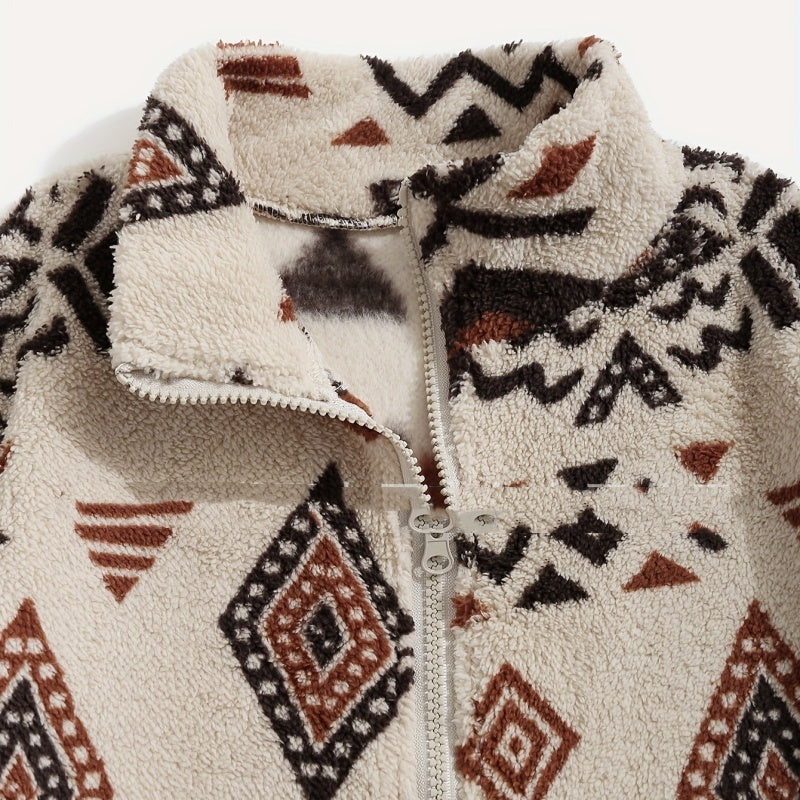 Boho Geometric Print Polar Fleece Coat - Ultra-Soft Plush Loose Fit Jacket with Fur Collar (Apricot/Caramel/Green)