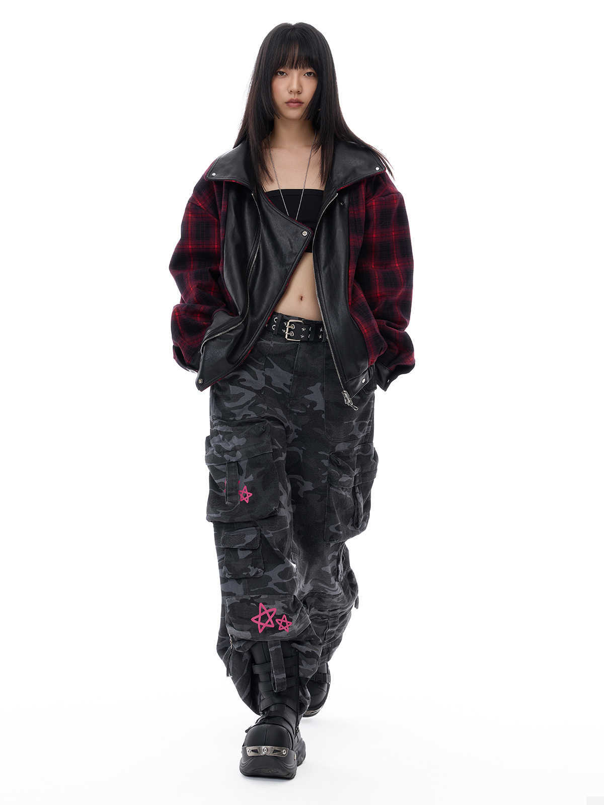 Reversible PU Leather Motorcycle Jacket - Loose Fit Long Biker Coat in Black/Red Checkered Pattern