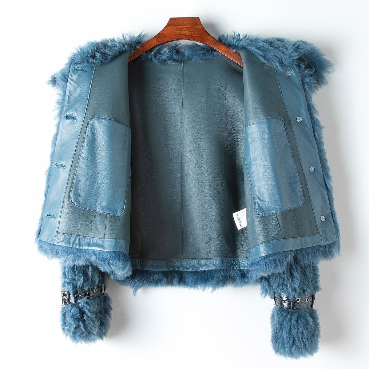 Cotton Jacket with Teddy Fur Collar in Denim Blue