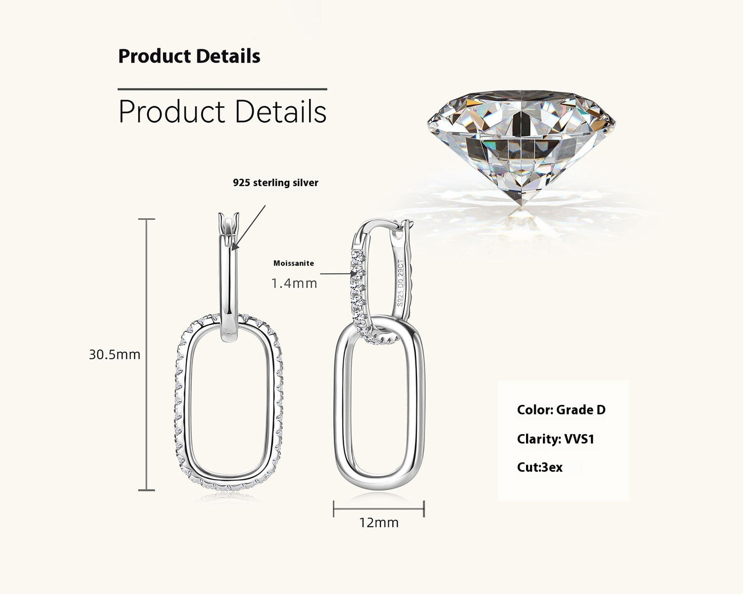 Moissanite Women's Fashion Temperament Personalied Eardrops S925 Sterling Silver