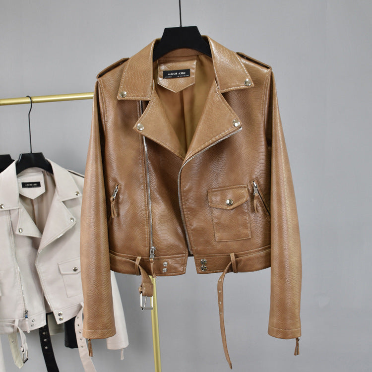 Cropped Hem Belt Snakeskin Leather Biker Jacket