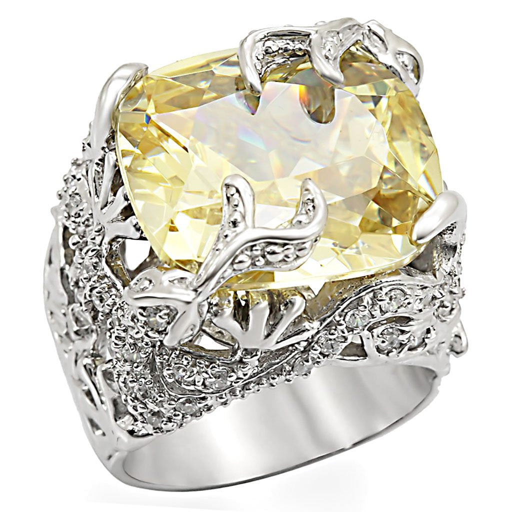 LOS335 - Rhodium 925 Sterling Silver Ring with AAA Grade CZ in Citrine Yellow