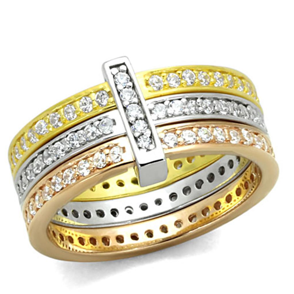 LOS811 - Rhodium + Gold + Rose Gold 925 Sterling Silver Ring with AAA Grade CZ in Clear