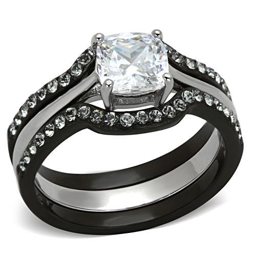 TK1343 - Two-Tone IP Black Stainless Steel Ring with AAA Grade CZ in Clear